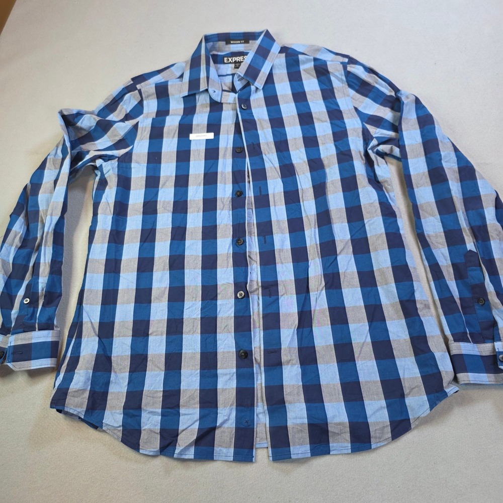 Express Modern Mens Blue Grey Buffalo Plaid Cotton Button Down Shirt M 15-15.5